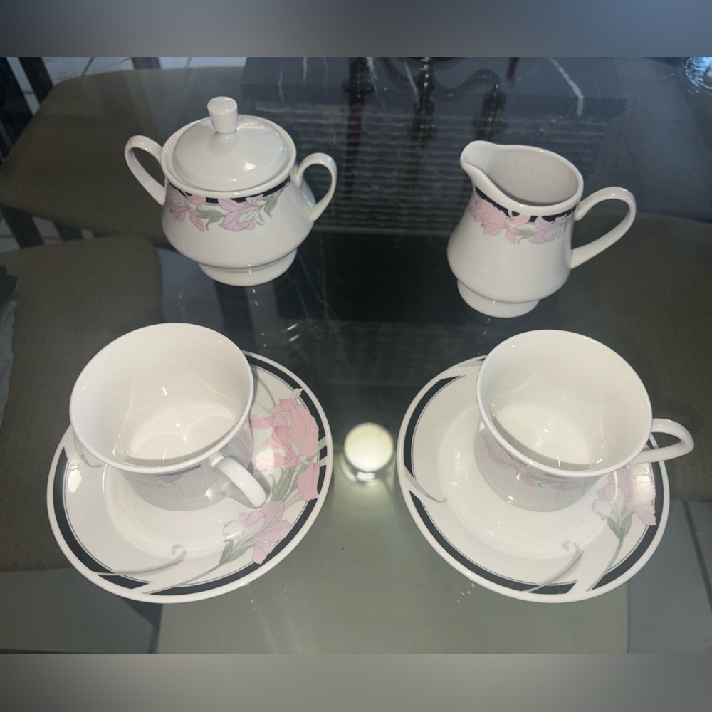 VINTAGE Pink orchid Coffee Set with black Accents - Picture 2 of 13